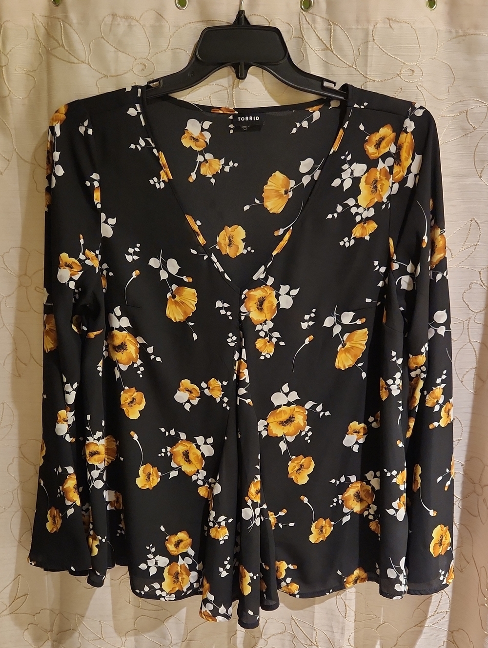 torrid Black Floral V-Neck Long Sleeve Blouse with Yellow Blooms